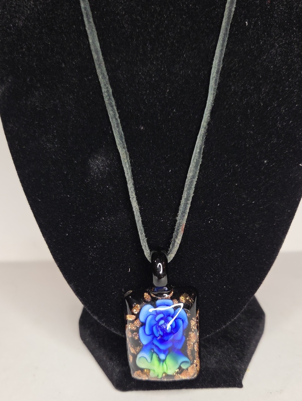 Handmade Blue Rose Glass Pendant Necklace - Leather Cord